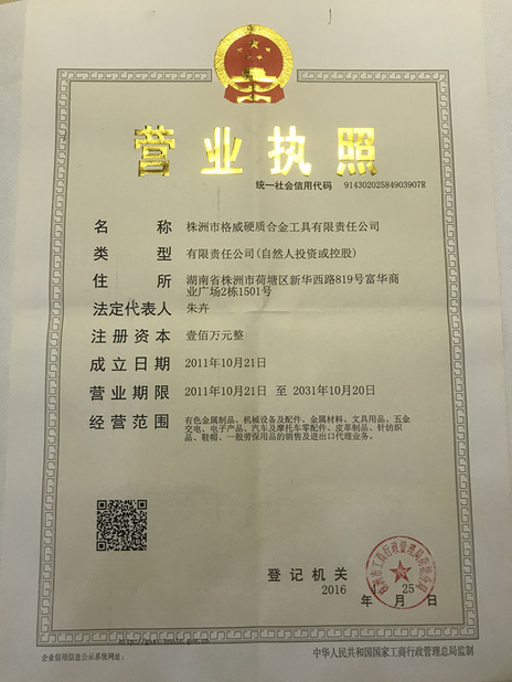 Trung Quốc Zhuzhou Grewin Tungsten Carbide Tools Co., Ltd Chứng chỉ